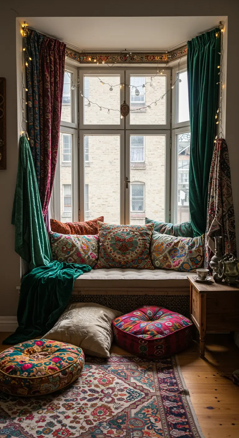 Bohemian bay window nook with colorful patterned curtains, pillows, and floor poufs, bathed in warm string lights.