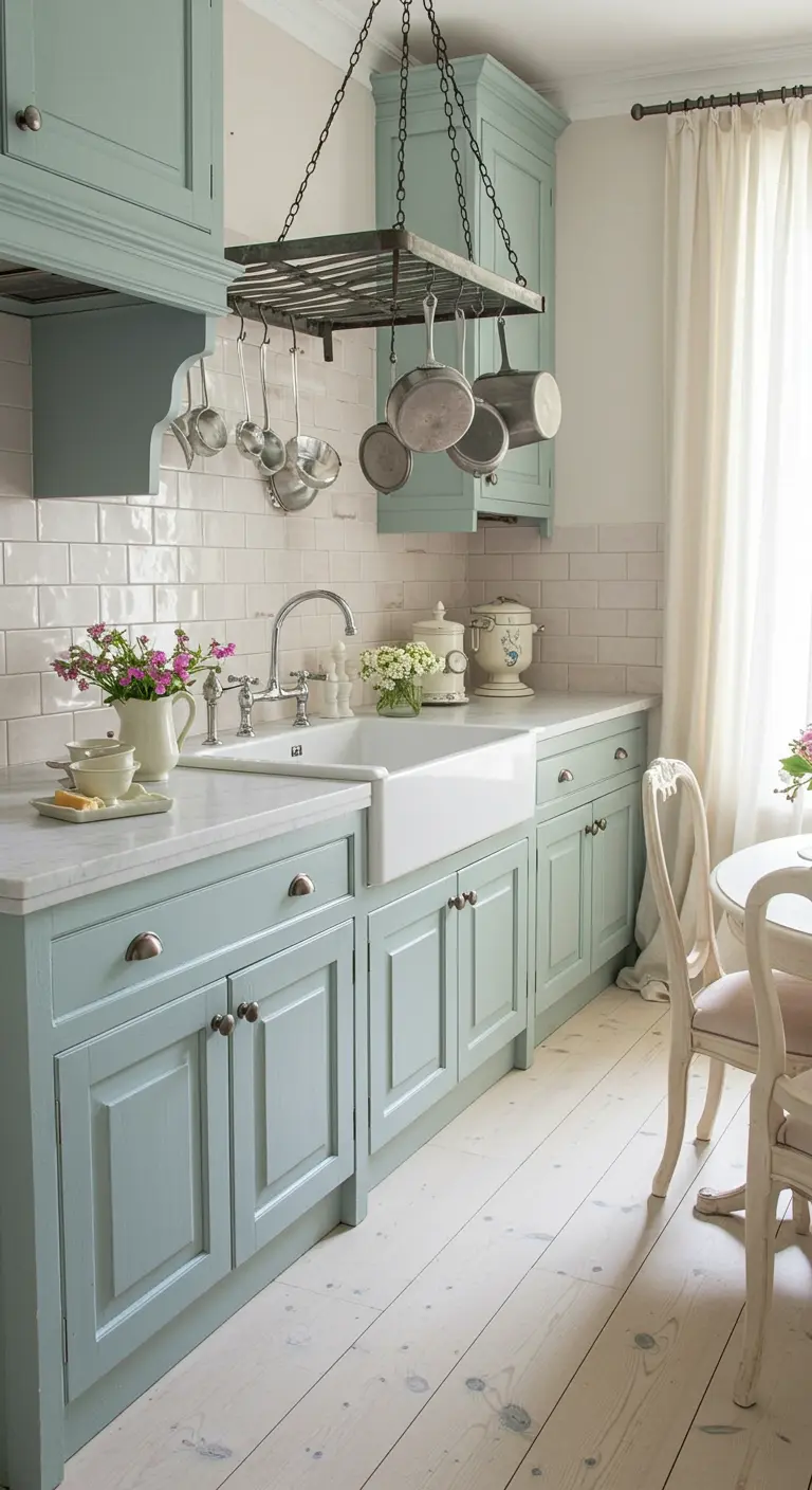 A Country French kitchen with light blue-green cabinets, a white subway tile backsplash, and sheer white curtains.