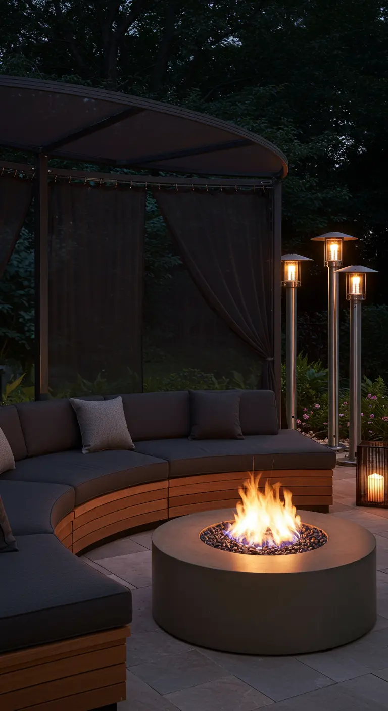 Curved teak sectional daybed with a canopy and a central fire pit in a garden at night.