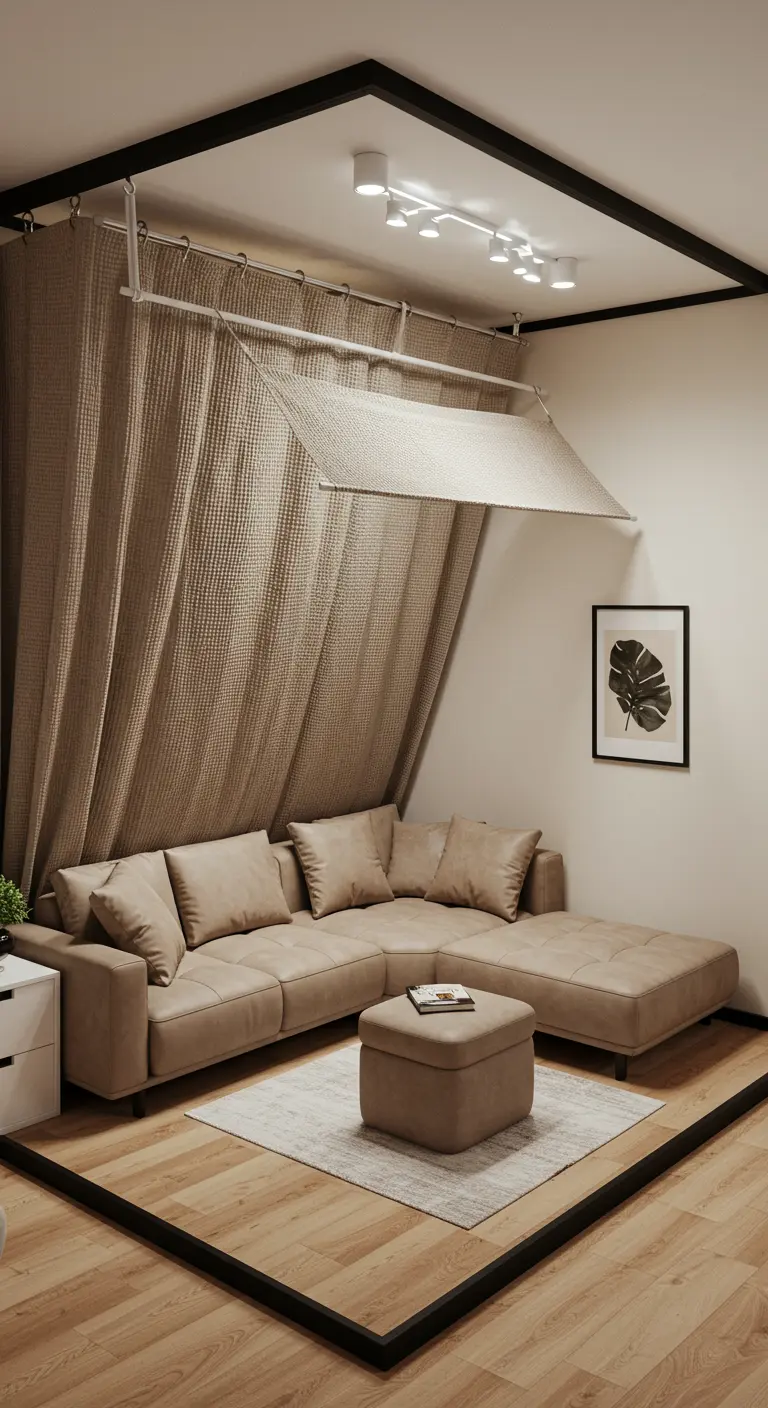 A cozy living nook under a slanted ceiling with a custom-fit curtain divider.