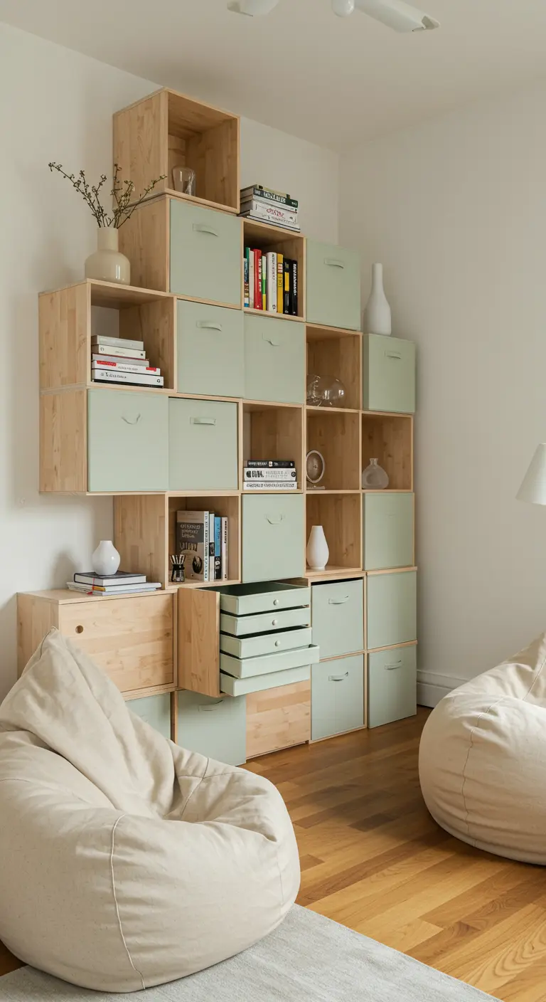 A large modular light wood shelving unit with some pale green cabinet doors.