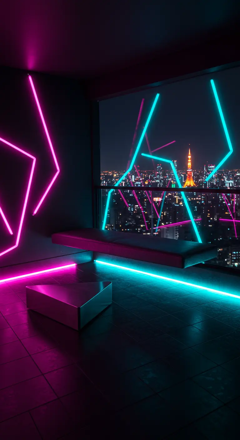 Futuristic balcony with pink and blue neon lights overlooking a city.