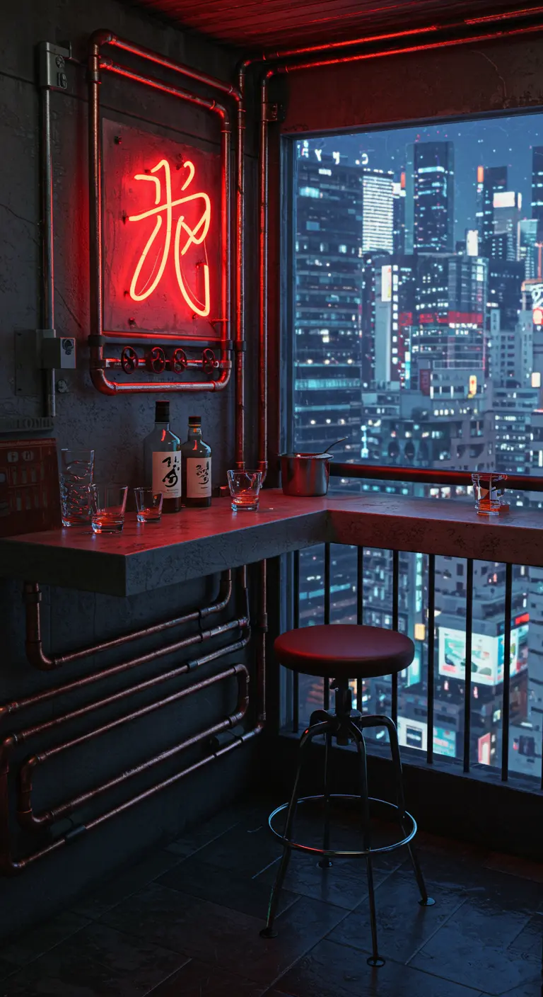 Futuristic corner balcony bar with red neon sign, exposed copper pipes, and a city view.