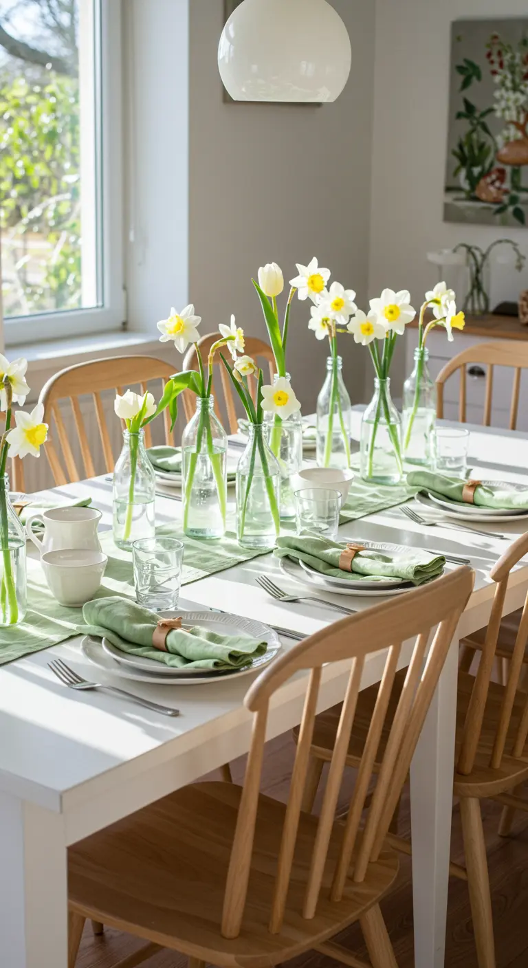 A bright table with a green runner and single daffodils in clear glass bottles.