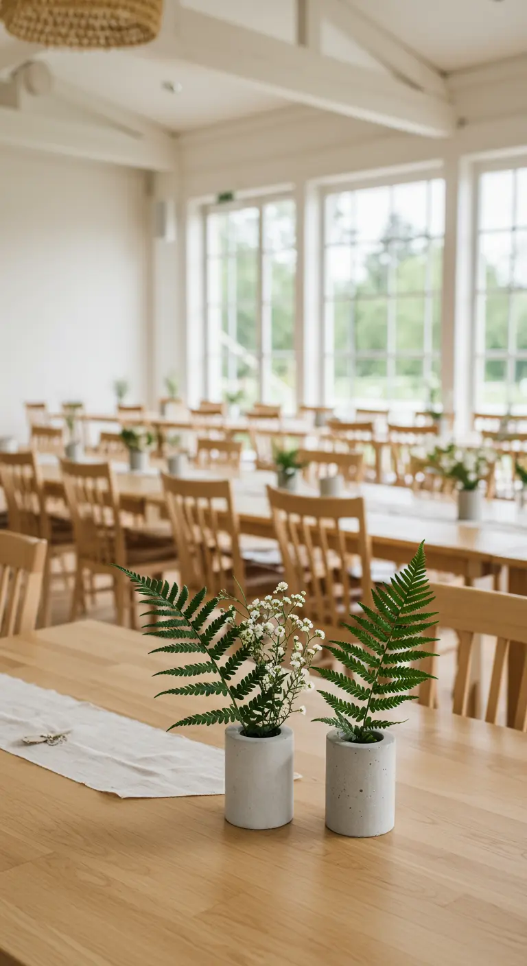 Two small concrete vases on a wooden table, one with a fern and one with baby's breath.