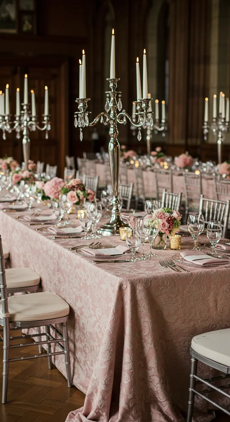 A long table with a pink damask tablecloth, tall silver candelabras, and blush floral arrangements.
