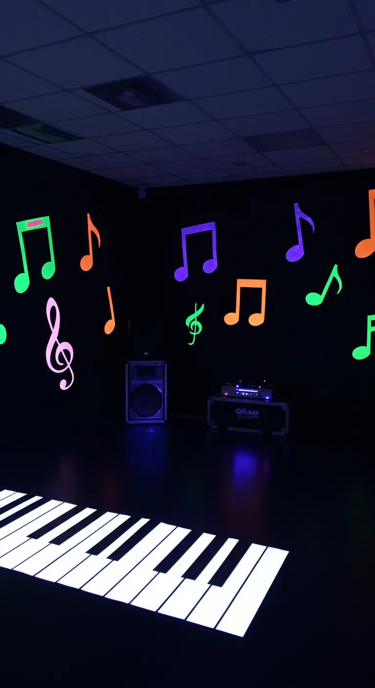 A glowing piano key design on the floor of a dark room, with neon musical notes on the walls.
