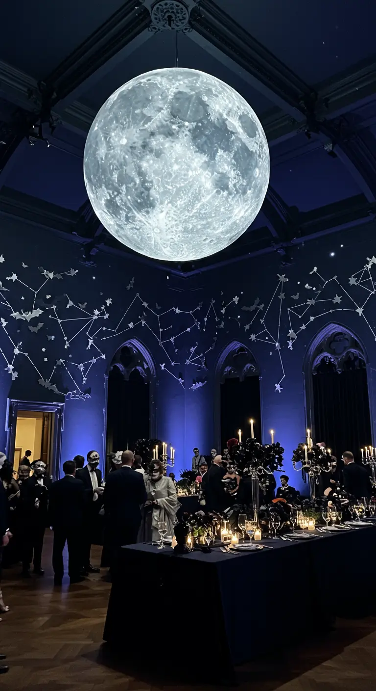 A grand ballroom with a giant inflatable moon hanging from the ceiling for a Halloween party.