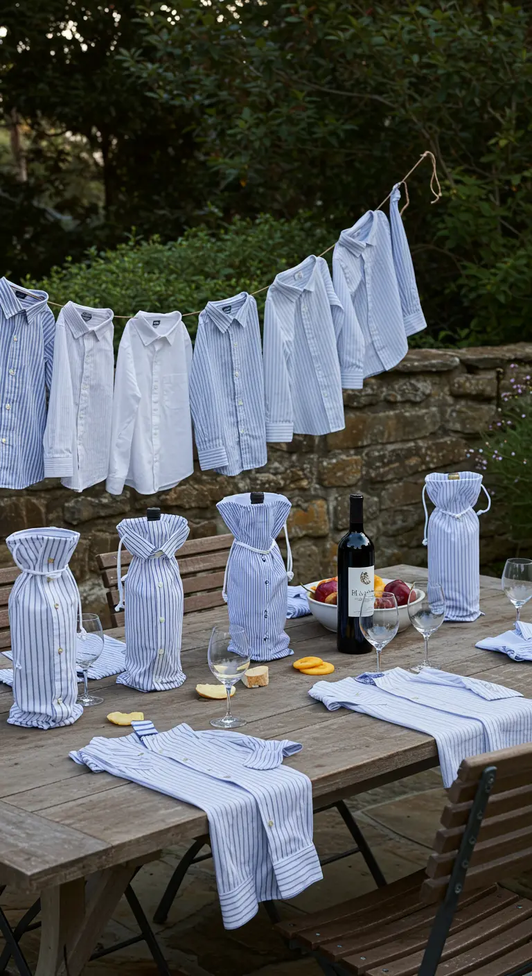 Wine bottles wrapped in sleeves from striped button-down shirts on a table.