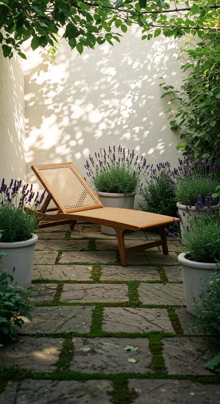 A cane and wood chaise lounge on a stone patio, surrounded by pots of lavender under dappled light.