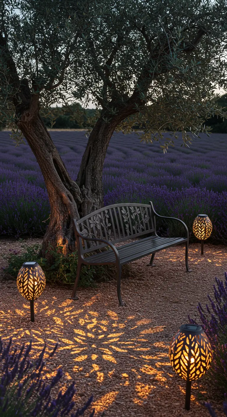 A bench under an olive tree, illuminated by solar lanterns casting intricate patterns.