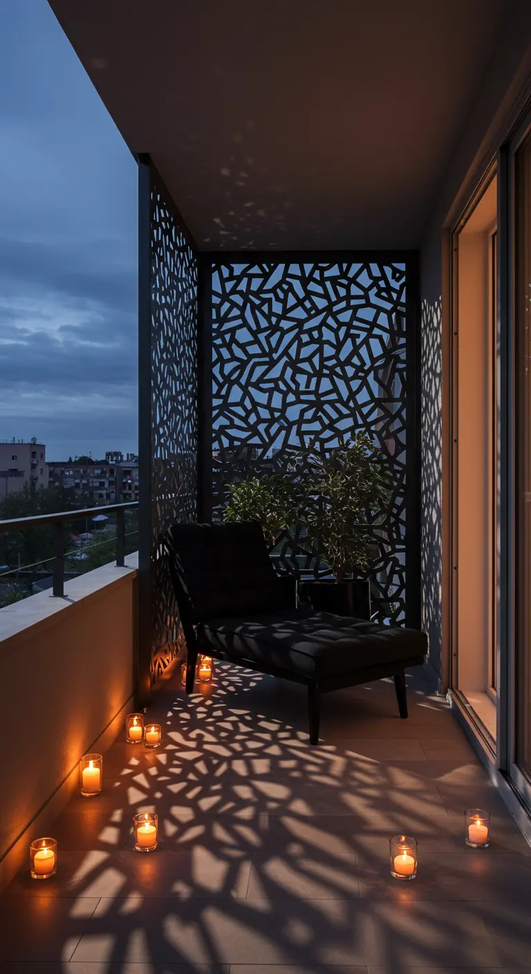 A balcony with a black chaise lounge placed before a decorative laser-cut screen casting shadows.
