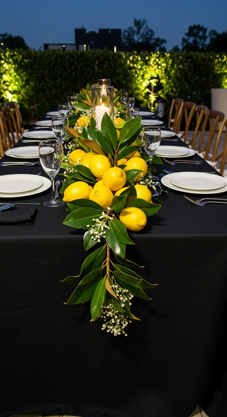 A table with a black tablecloth features a striking garland of magnolia leaves and lemons.