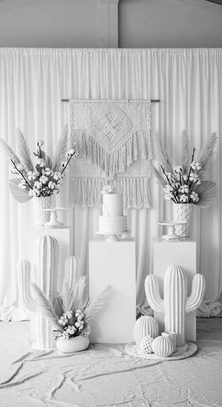 An all-white dessert display with white cacti, pampas grass, and a macrame backdrop.