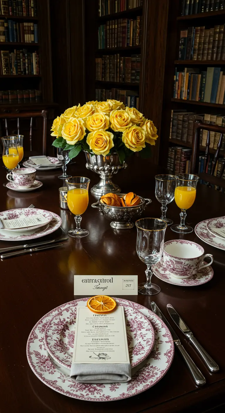 An elegant table in a library with dark wood, yellow roses, and fine china.