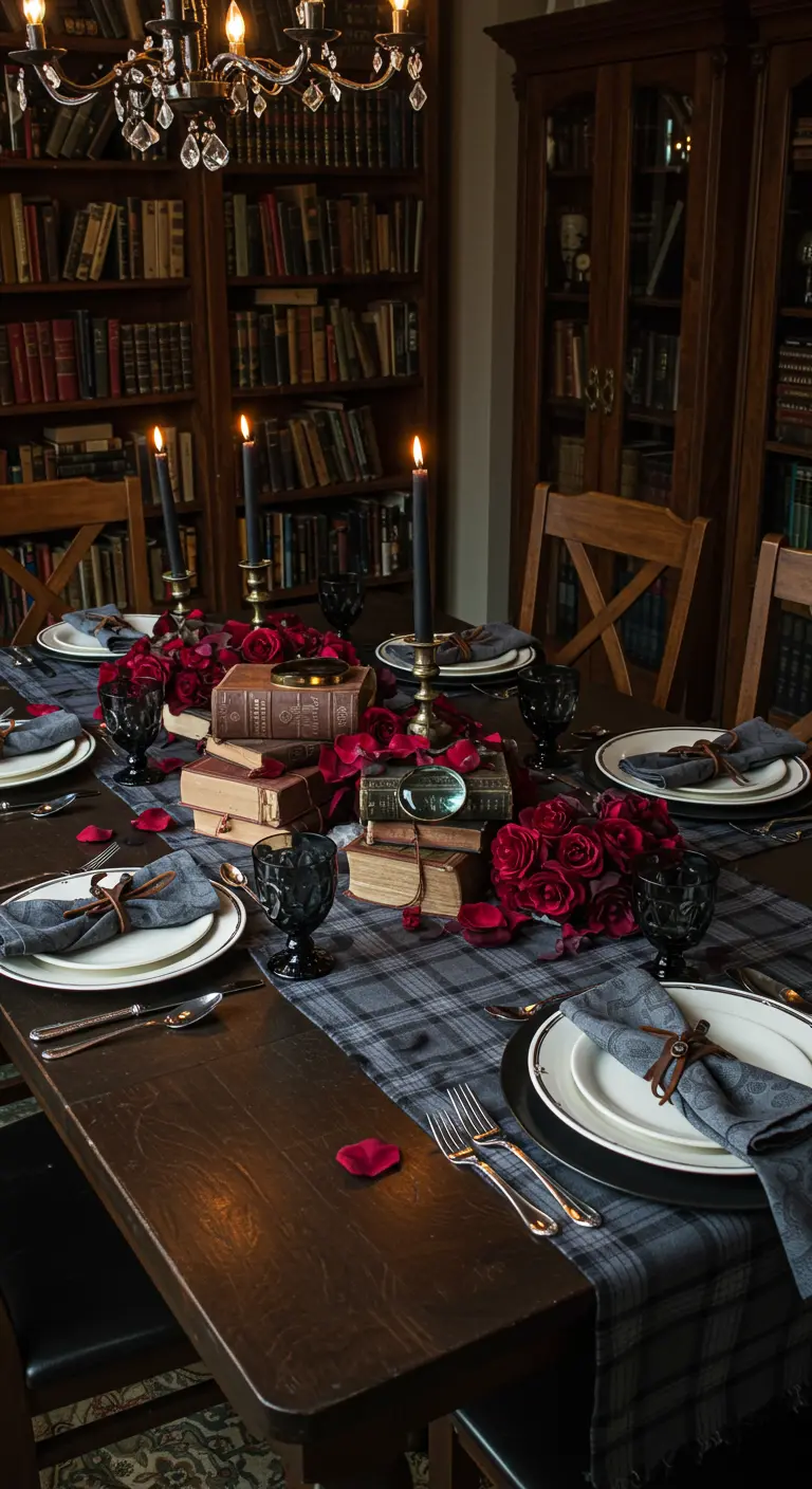 Halloween table with a plaid runner, stacked books, and red roses for a dark academia theme.