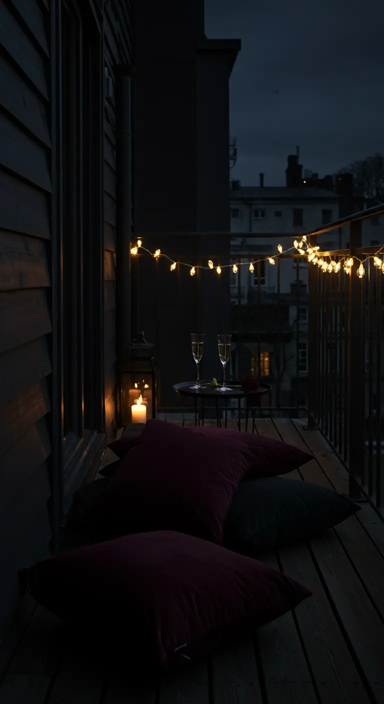 Balcony with dark wood paneling, string lights, and deep velvet floor cushions.