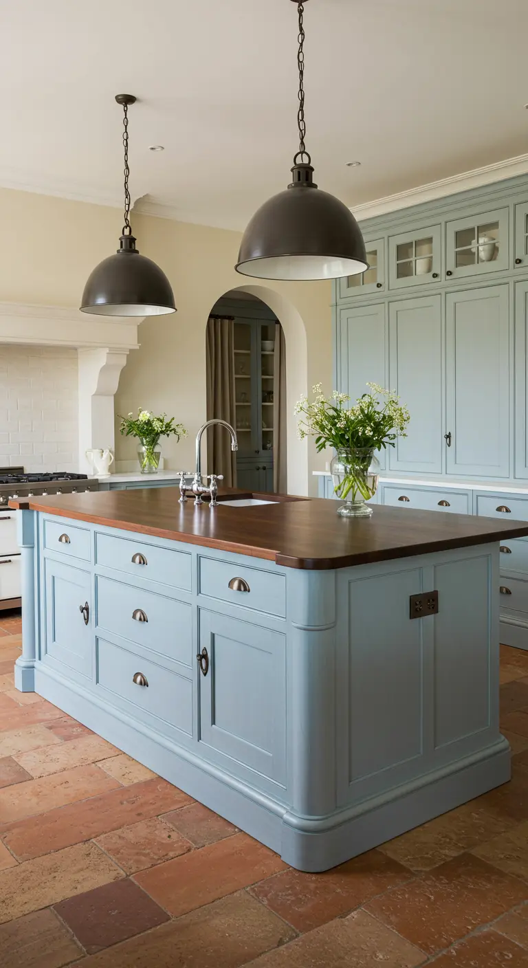 A Country French kitchen with pale blue cabinets, a dark wood island, and terracotta floor tiles.