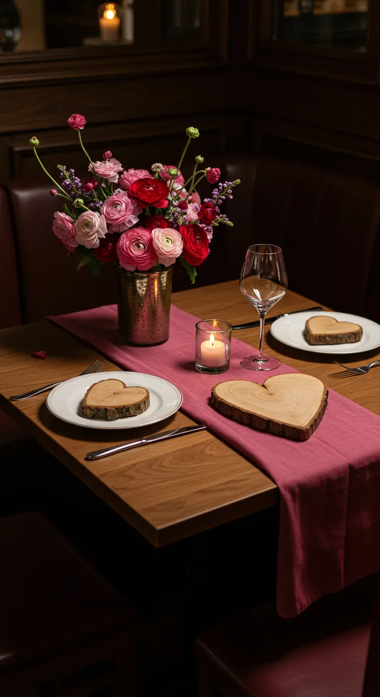 A romantic table for two with a pink runner and heart-shaped wood slices.