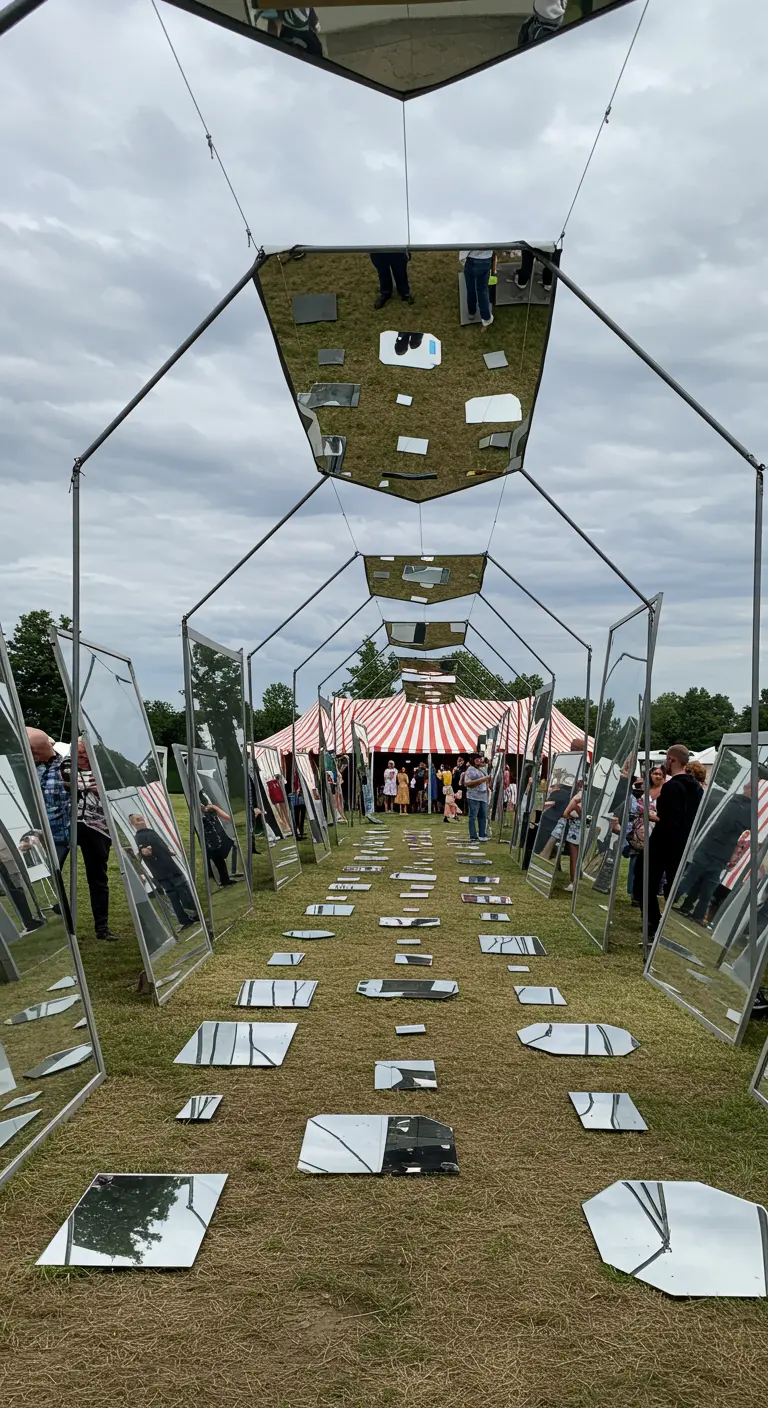 An outdoor walkway lined with various mirrors creating a funhouse effect.