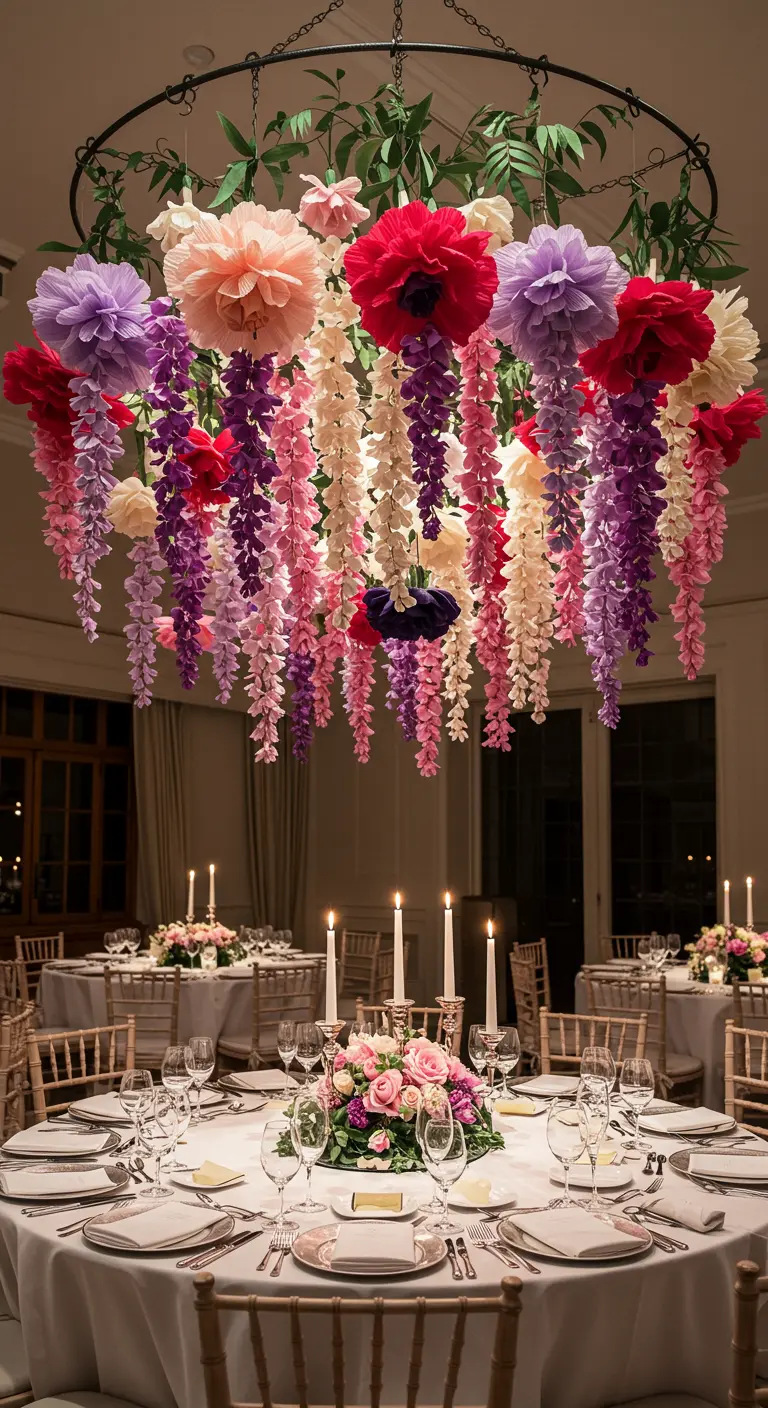 A large, round chandelier dripping with colorful paper flowers over a formally set dining table.