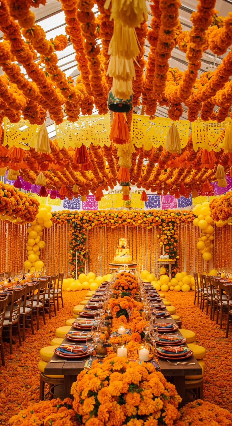 An opulent party hall decorated entirely with orange and yellow marigold garlands and papel picado.