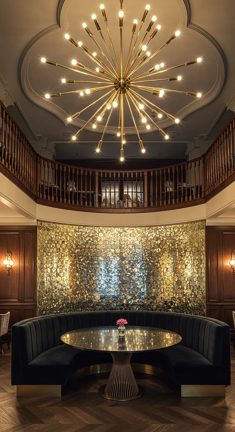 A grand dining area with a massive chandelier and a shimmering gold mosaic wall behind a banquette.