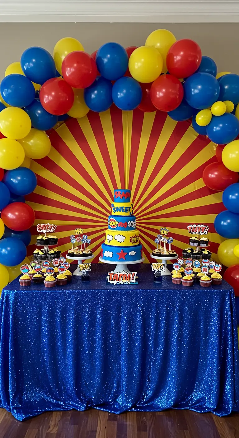 Superhero dessert table with a red and yellow sunburst backdrop.