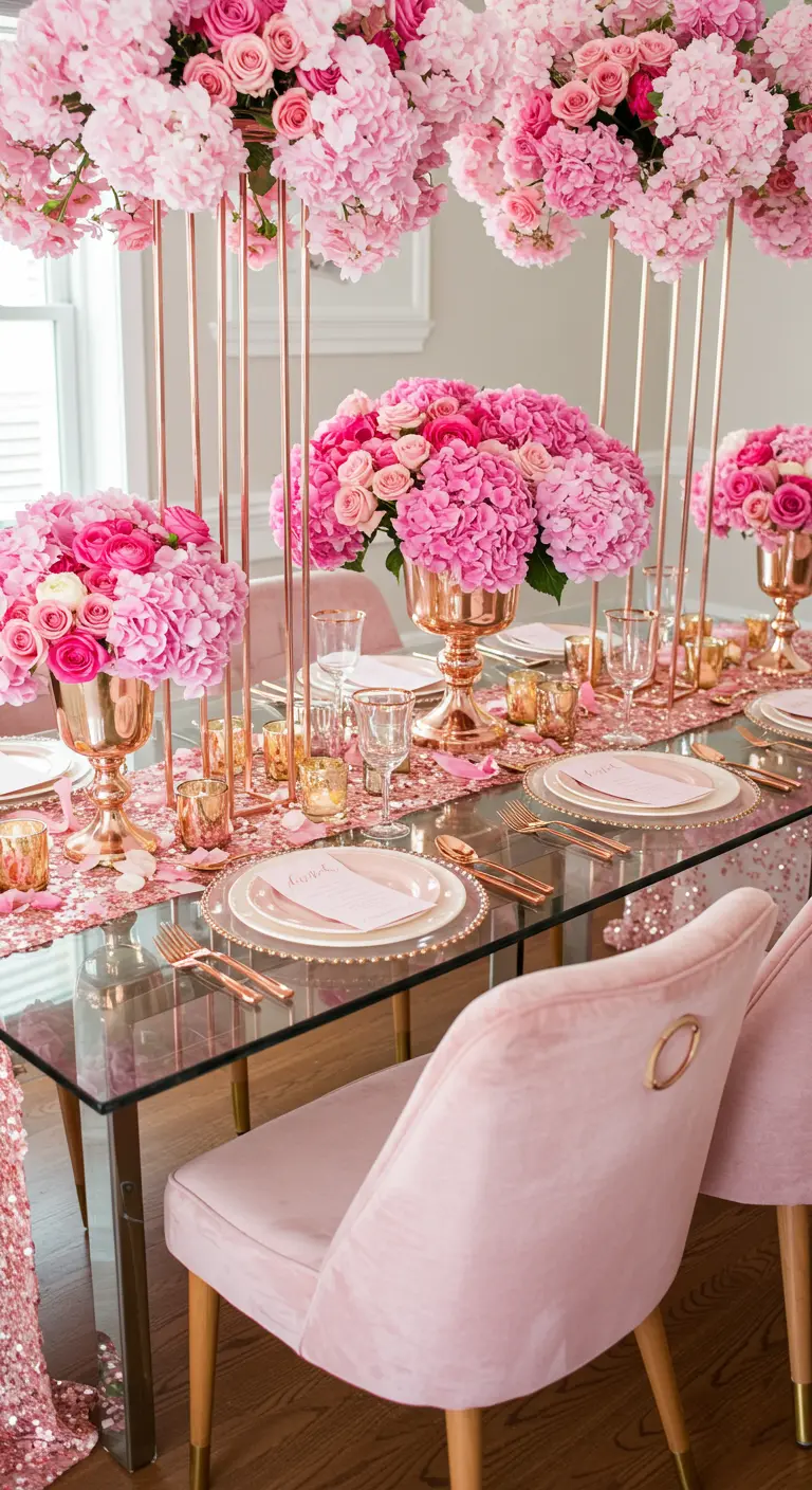 A tablescape with pink floral arrangements on tall rose gold stands, a sequin runner, and pink velvet chairs.