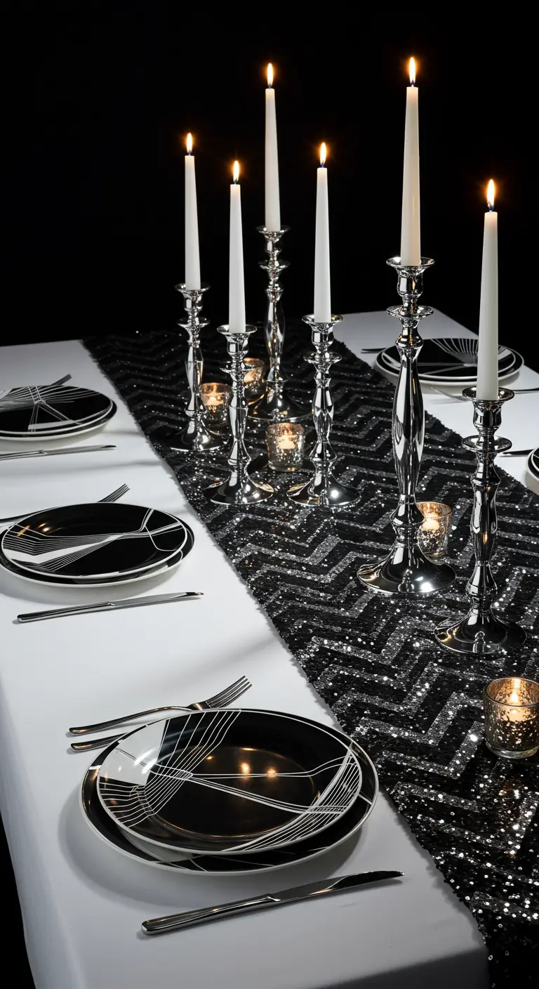 A black-and-white table with a sequin chevron runner and tall silver candelabras.