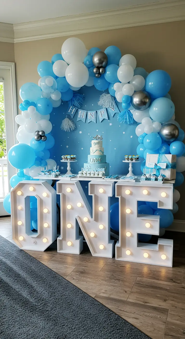 Large, white light-up marquee letters spelling 'ONE' in front of a blue balloon arch.