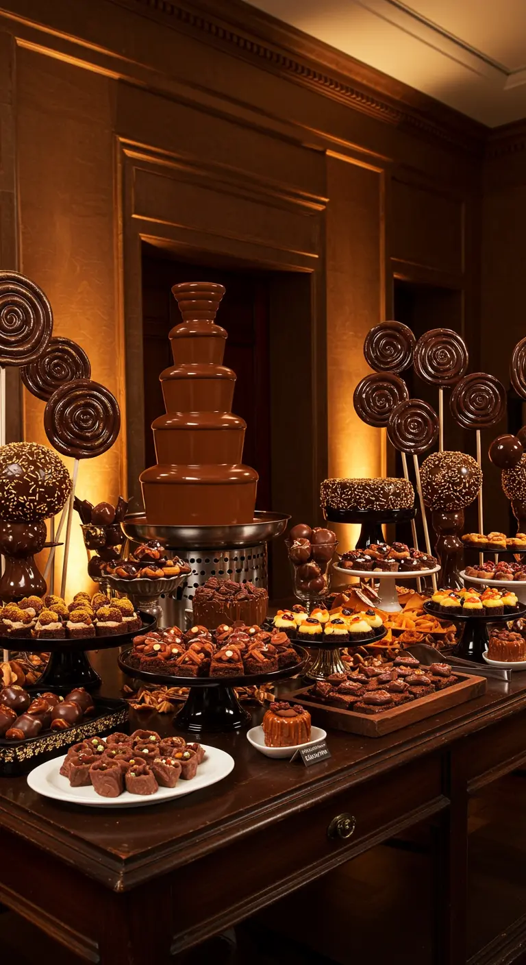 Luxurious chocolate dessert table with a fountain and oversized chocolate lollipops.