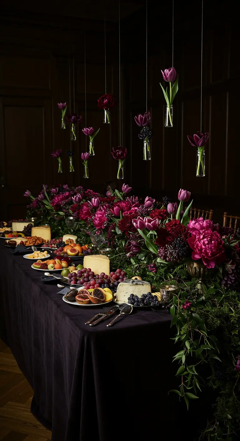 A dark, moody tablescape with single purple tulips hanging from the ceiling.