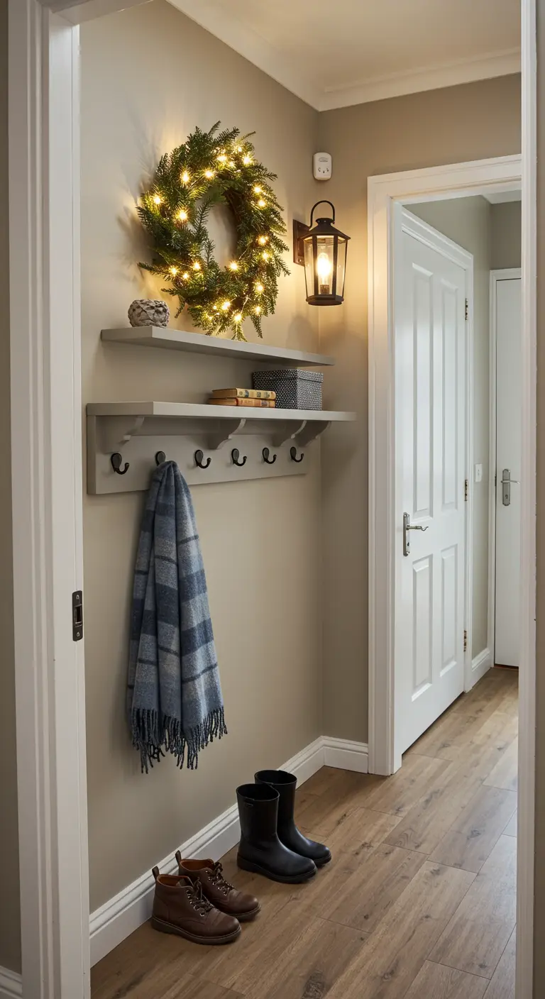 Entryway coat rack with a lit evergreen wreath hanging on the wall above it.
