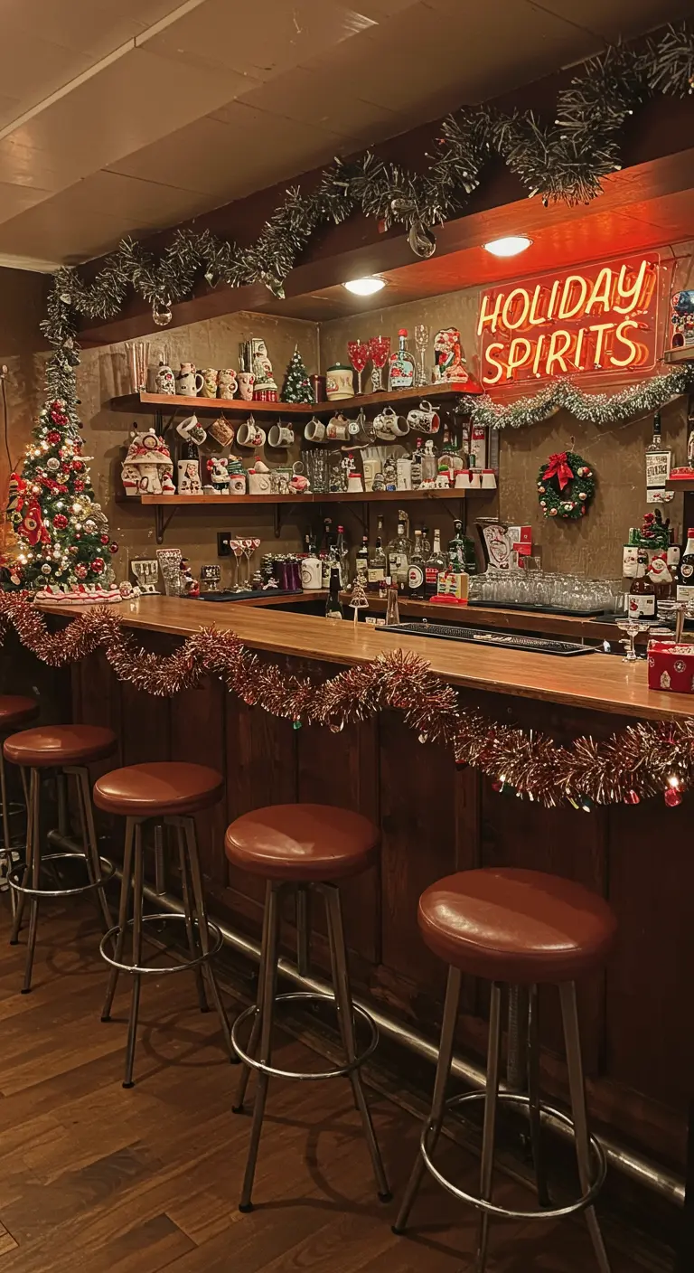 A retro home bar decorated with tinsel garlands and a neon 'Holiday Spirits' sign.
