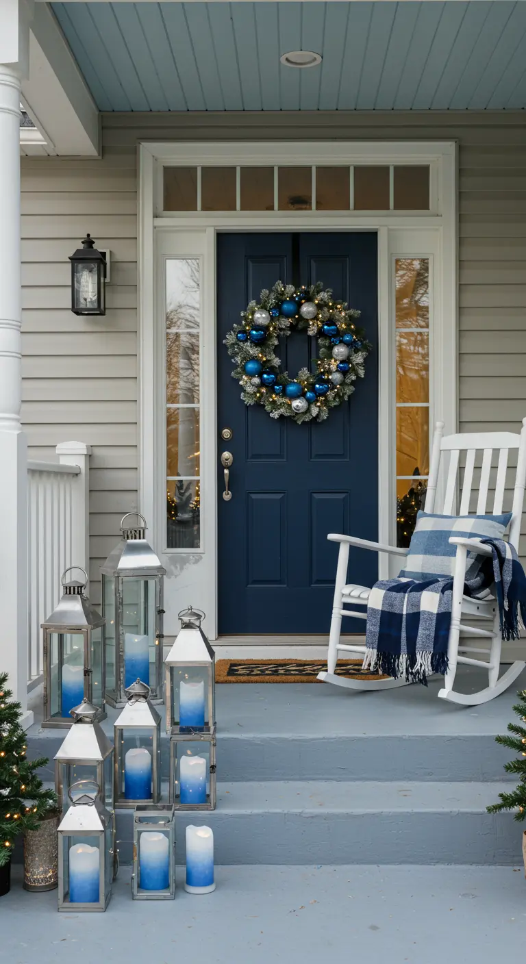 Front porch with a blue door, a wreath with blue and silver balls, and lanterns with blue candles.