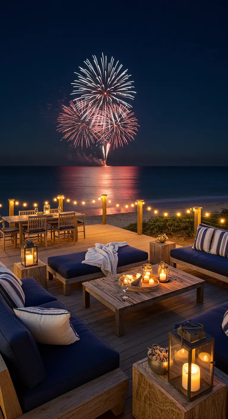A cozy deck seating area with navy cushions and lanterns, overlooking the ocean and fireworks.