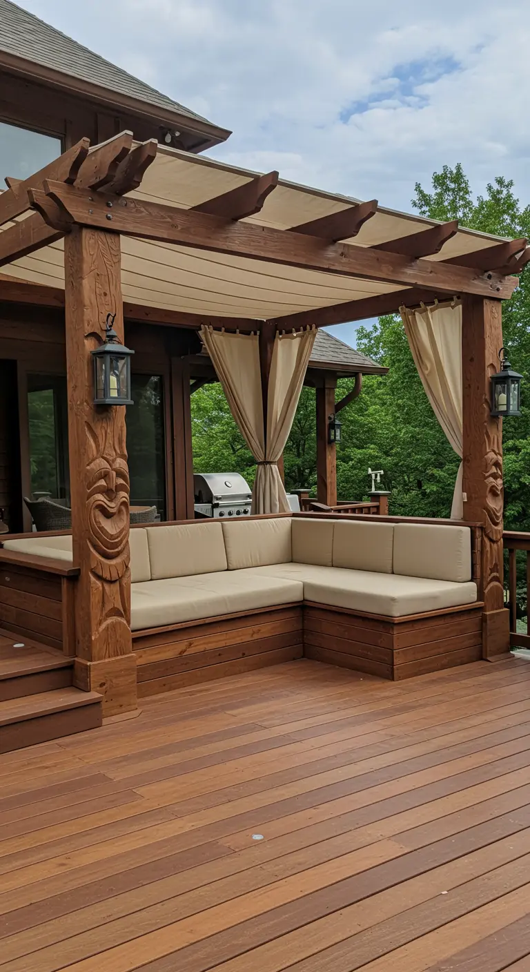 Built-in sectional seating on a wooden deck under a pergola with carved tiki posts.