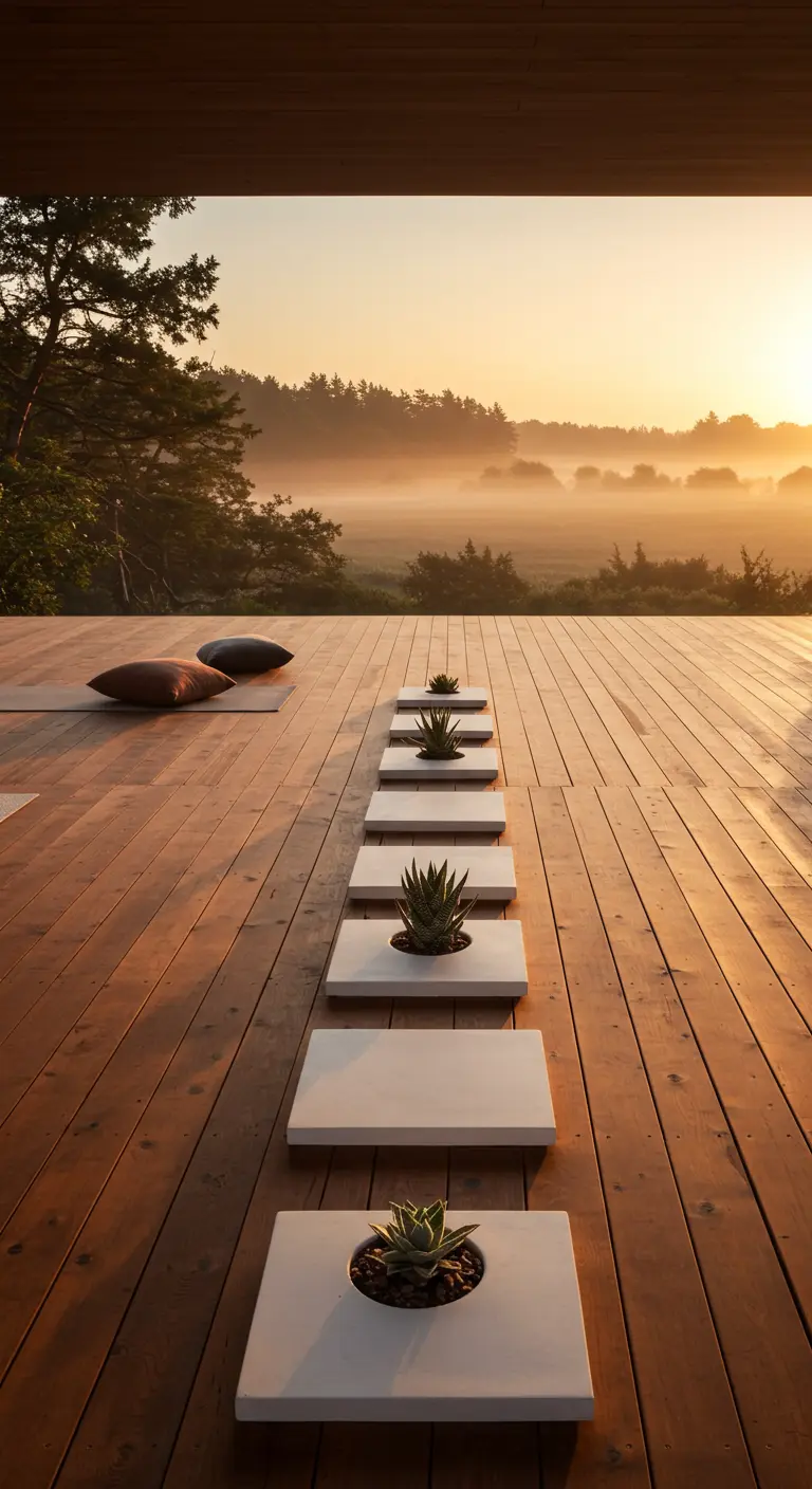 A series of white rectangular planters with single succulents arranged on a wooden deck.