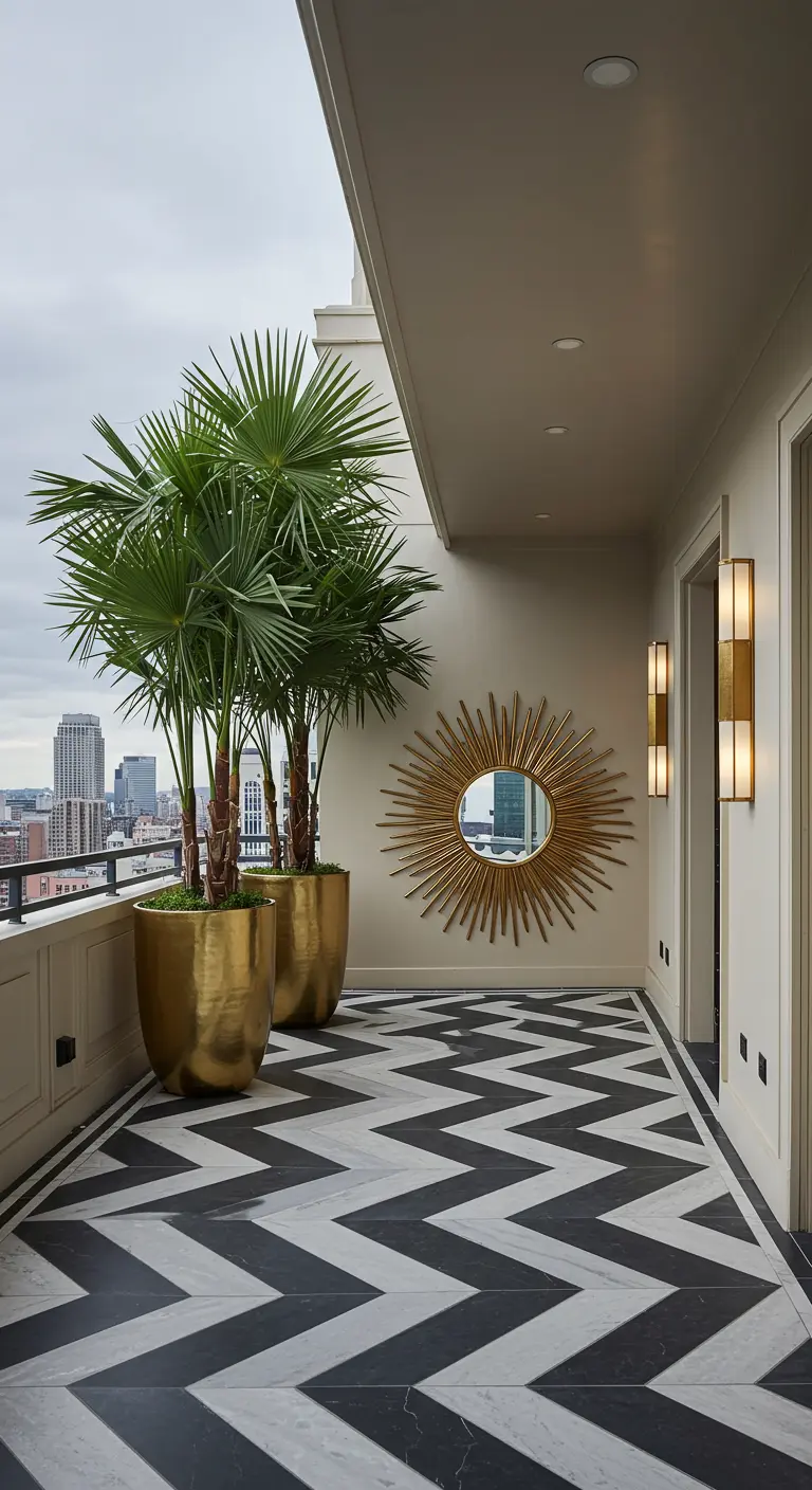 A modern terrace with a bold black-and-white chevron tile floor and a gold sunburst mirror.
