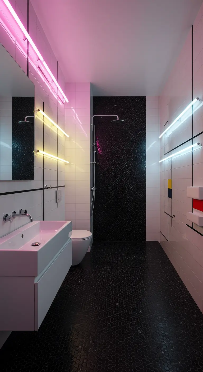Bathroom inspired by Mondrian, with neon light tubes arranged horizontally on a tiled wall.