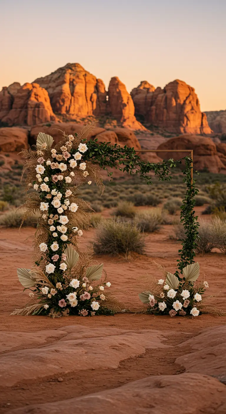 Minimalist gold wedding arch with white roses and dried palms in the desert.