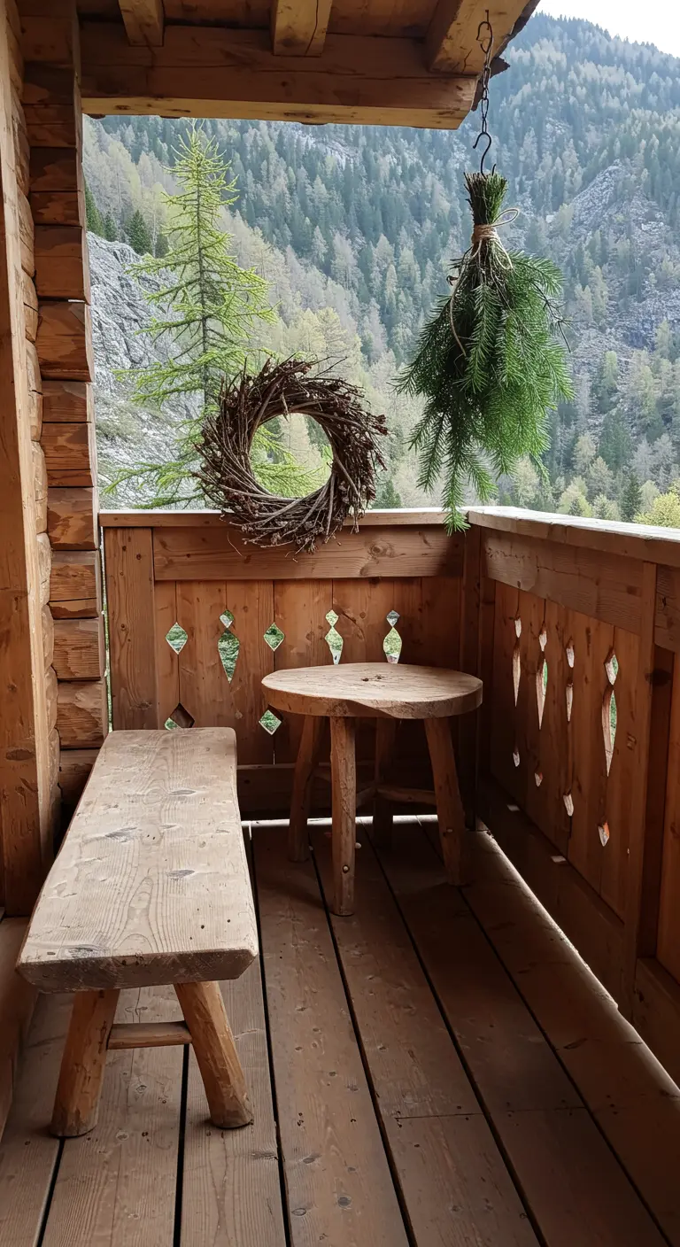A rustic wooden balcony with a simple twig wreath and a hanging bundle of fresh pine.