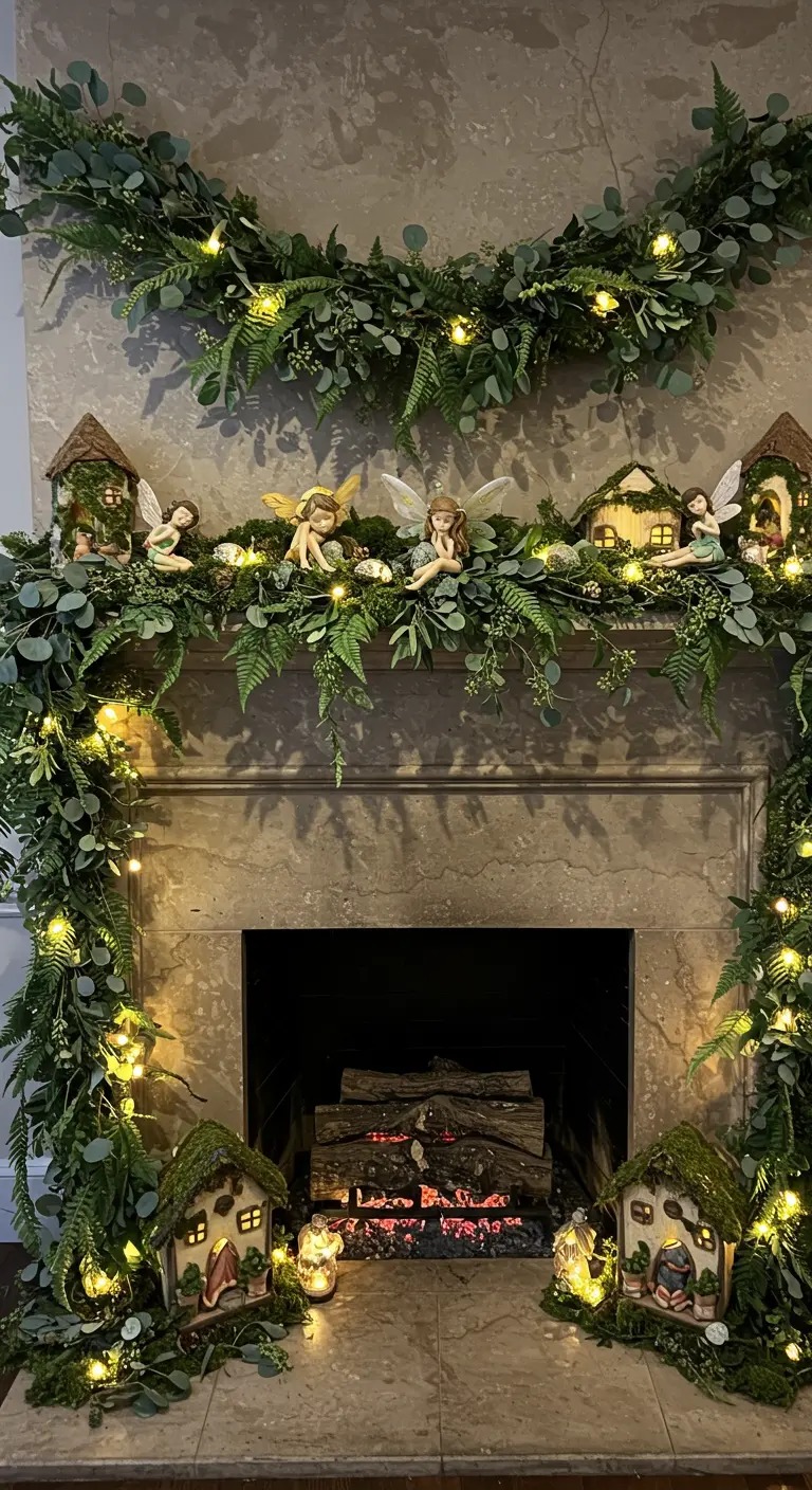A fireplace decorated with a lush green garland, fairy houses, figurines, and lights.