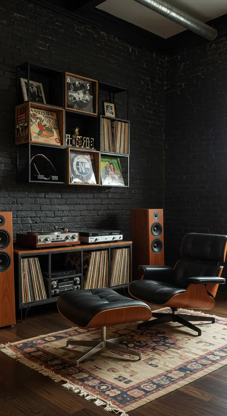 Listening room with a vinyl record collection, speakers, and a black leather lounge chair.