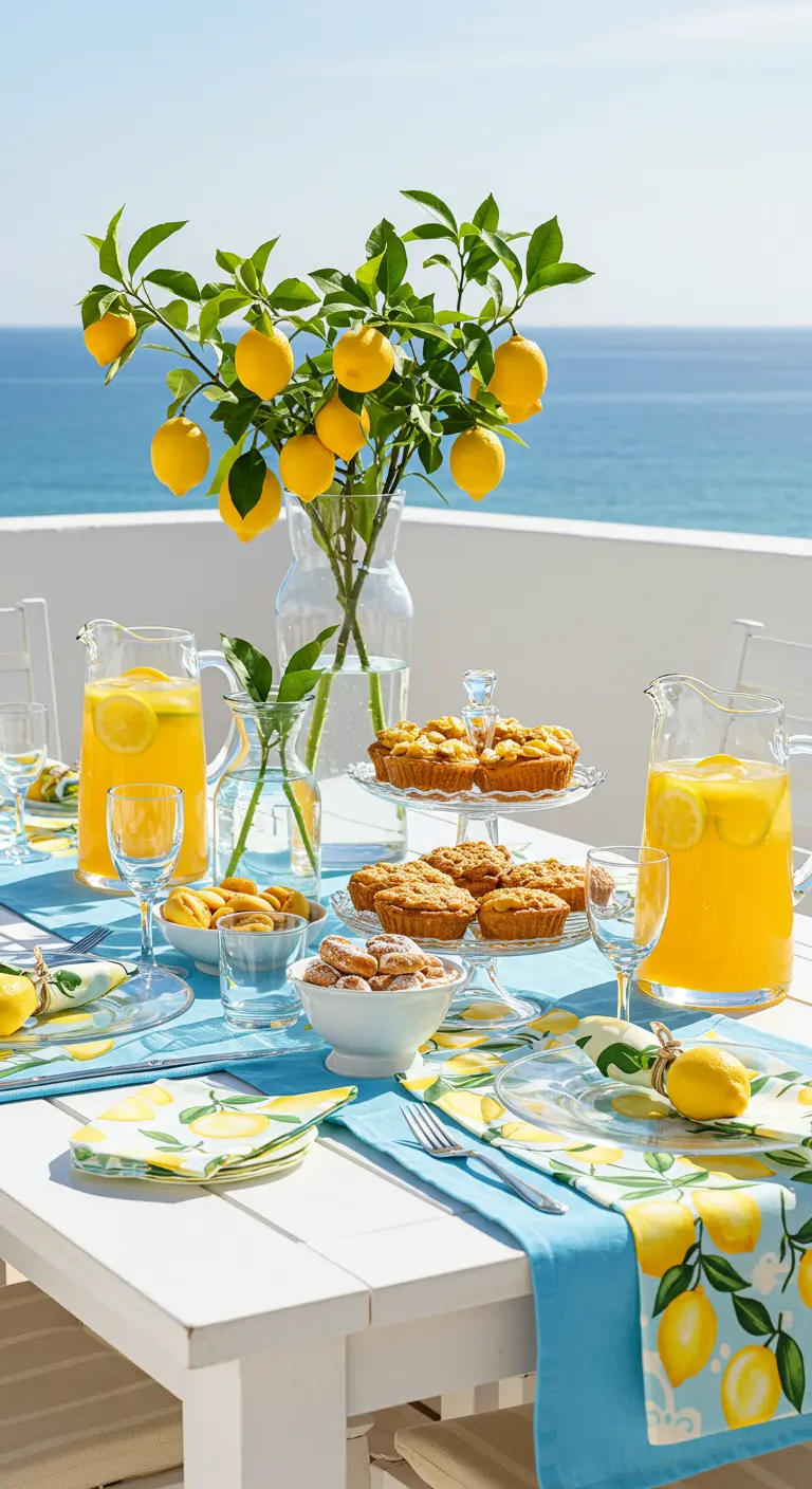 A dessert table by the sea with lemonade, lemon tarts, and lemon-printed linens.