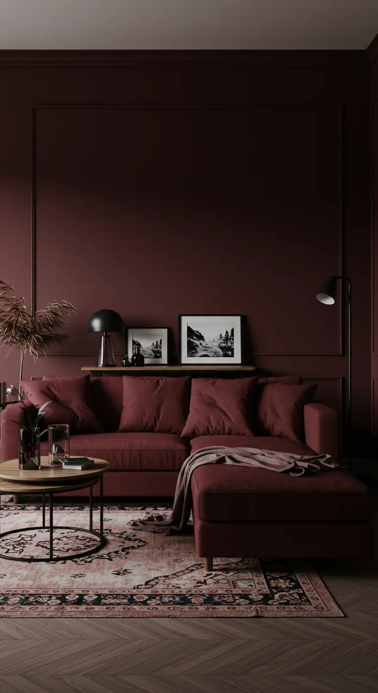 Deep burgundy living room with a matching sofa and decorative wall molding.