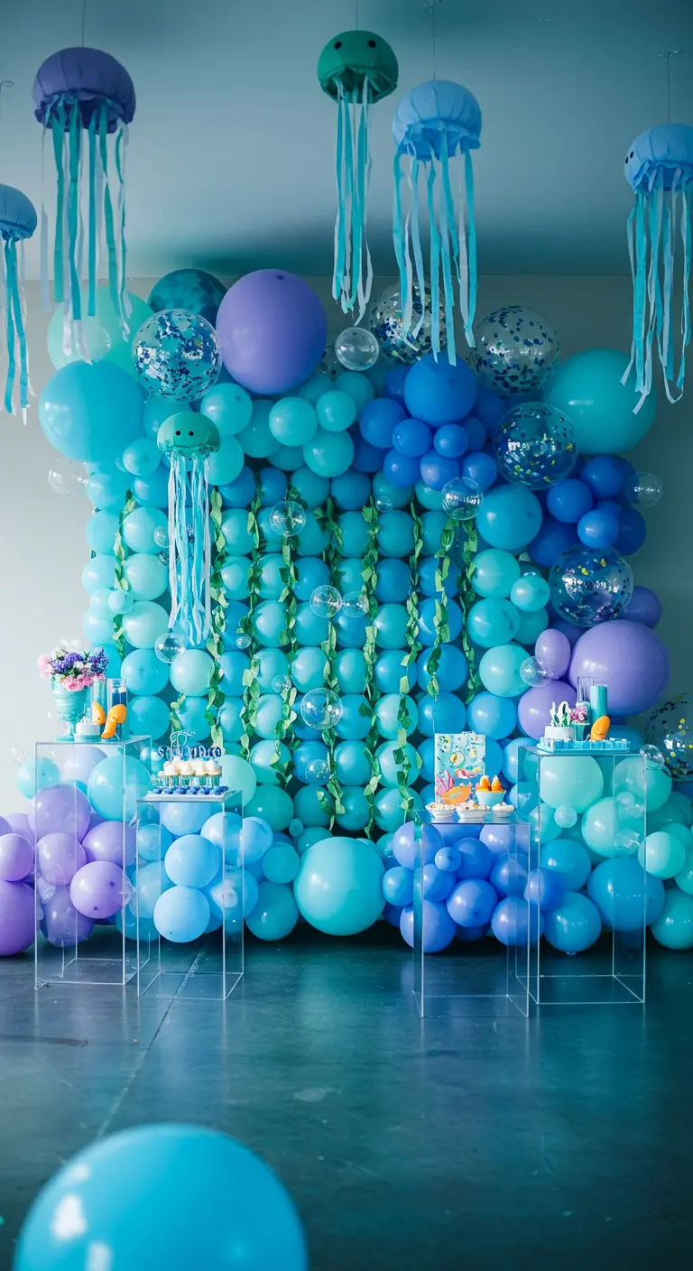Under-the-sea themed balloon wall with DIY jellyfish and clear dessert pedestals.