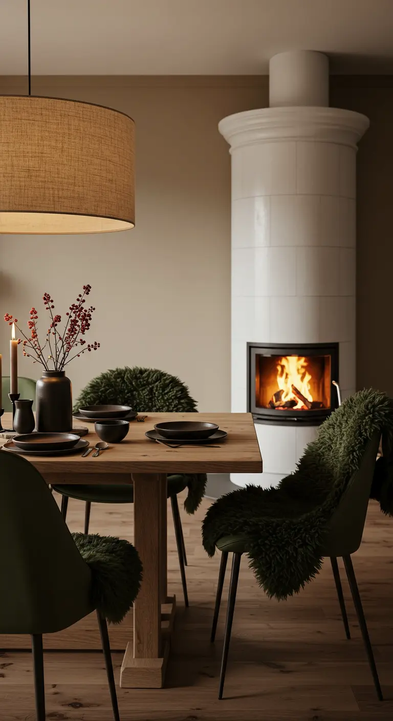 Oak dining table with dark green chairs draped in matching sheepskin throws, next to a white tiled fireplace with a fire.