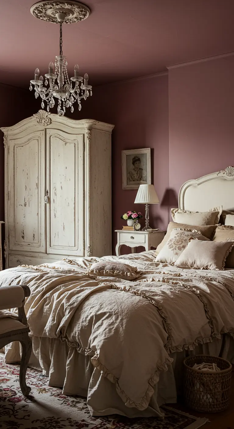 A romantic bedroom with dusty rose walls, a large white armoire, and layered bedding.